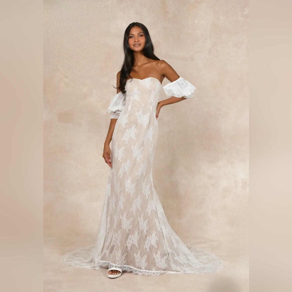 Elegant White Lace Ovetlay Off-Shoulder Dress (New With Tags)